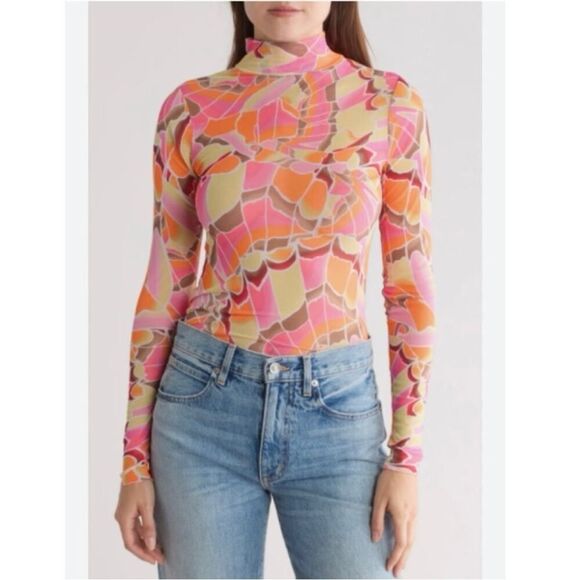AFRM Zoe Mock Neck Mesh Top Pink Sheer Abstract Womens Size S/P - Picture 1 of 12
